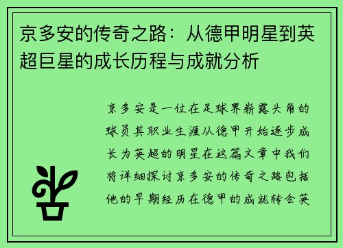 京多安的传奇之路：从德甲明星到英超巨星的成长历程与成就分析
